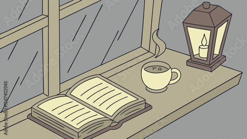open book coffee lantern on cozy window shelf
