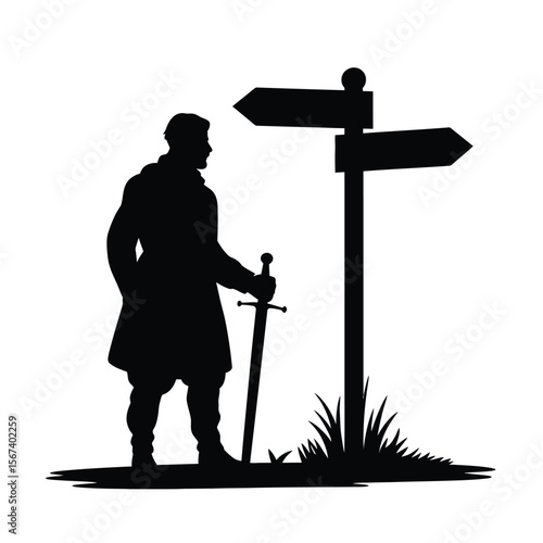Silhouette of a medieval knight holding a sword at a crossroads sign