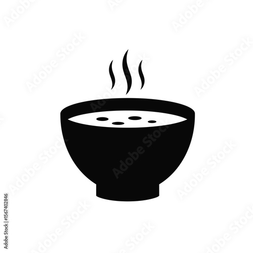 Black silhouette of steaming miso soup in bowl white