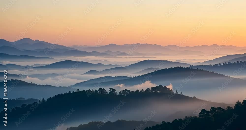 Misty Mountain Layers Sunrise - Serene Foggy Landscape Drone View Misty Mountain Layers Sunrise - Serene Foggy Landscape Drone View