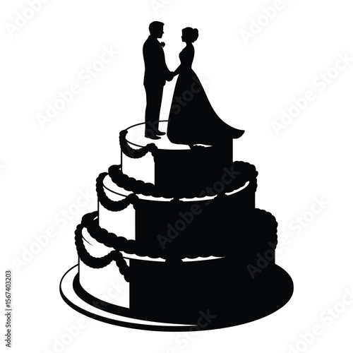 Silhouette of a bride and groom holding hands on top of a tiered wedding cake