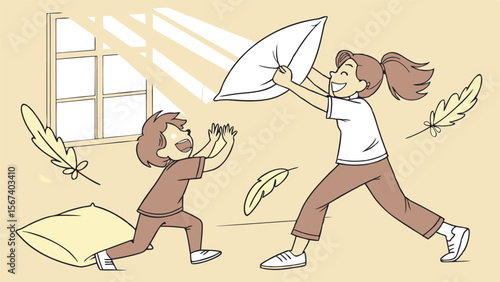 happy pillow fight in room with sunlight joy
