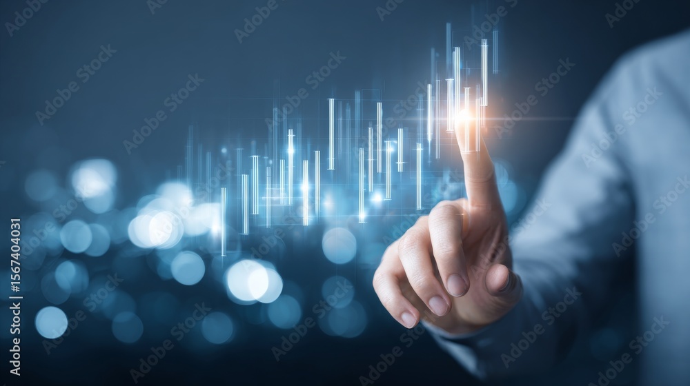 Close-up of a hand in a light long-sleeve interacting with a glowing digital interface, touching vertical white lines of a virtual graph, set against a dark blue background with soft bokeh. Close-up of a hand in a light long-sleeve interacting with a glowing digital interface, touching vertical white lines of a virtual graph, set against a dark blue background with soft bokeh.