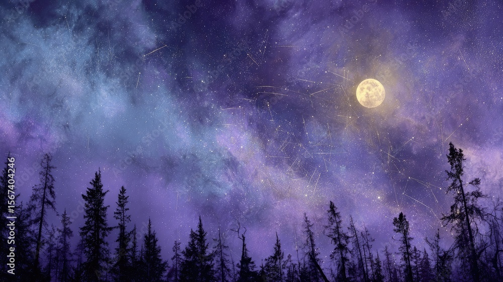 Fototapeta premium Night Sky, Forest, Moon, Shooting Stars, Magical, Fantasy, Wallpaper