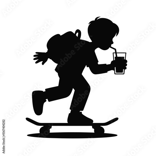 Silhouette of a boy with a backpack drinking from a glass while skateboarding