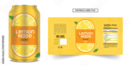 Lemon juice label design, lemon soft drink can label design. Soda can vector Energy drink label packaging design. Fruit juice bottle label template product packaging design