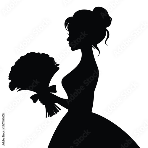 Elegant silhouette of a woman in a ball gown holding a bouquet