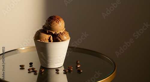 Espresso-colored coffee gelato in a chic ceramic cup, with a few coffee beans scattered around and a subtle dusting of cocoa. 