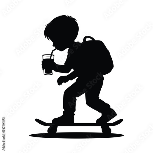 Silhouette of a young boy with a backpack drinking from a cup while skateboarding