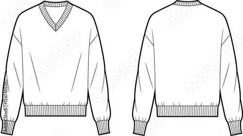 Flat Vector CAD Drawing V Neck Ribbed Hem Cuff Pullover Sweater Front And Back Technical Fashion Illustration For Design