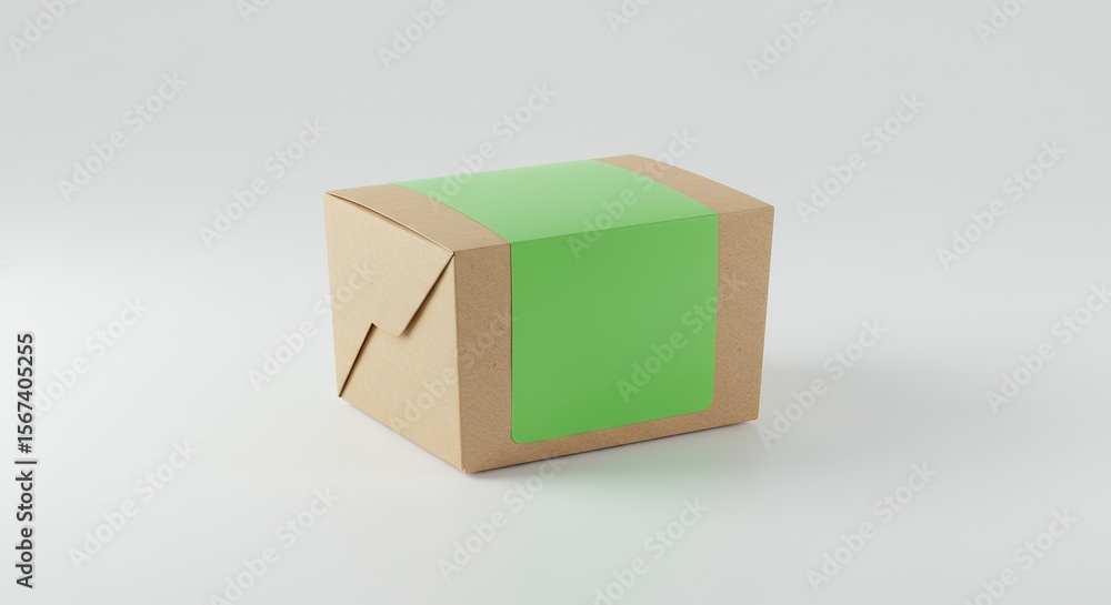 Fototapeta premium Brown cardboard box with green label on white surface in studio