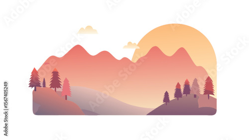 Scenic mountain landscape vector illustration with trees and sunset background for nature lovers design