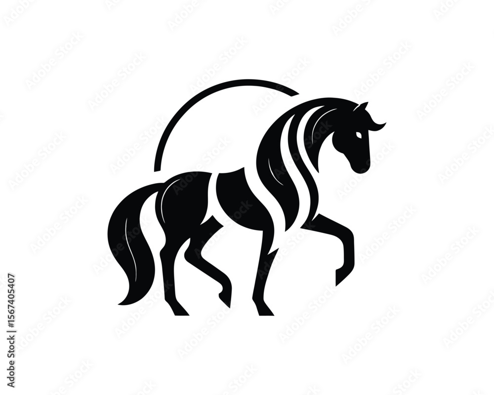 Sleek vector horse silhouette with modern arc design Sleek vector horse silhouette with modern arc design