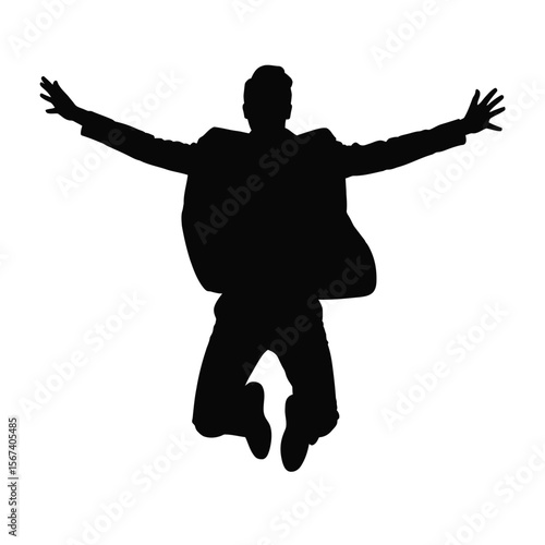 Silhouette of a man in a suit jumping with arms outstretched in celebration
