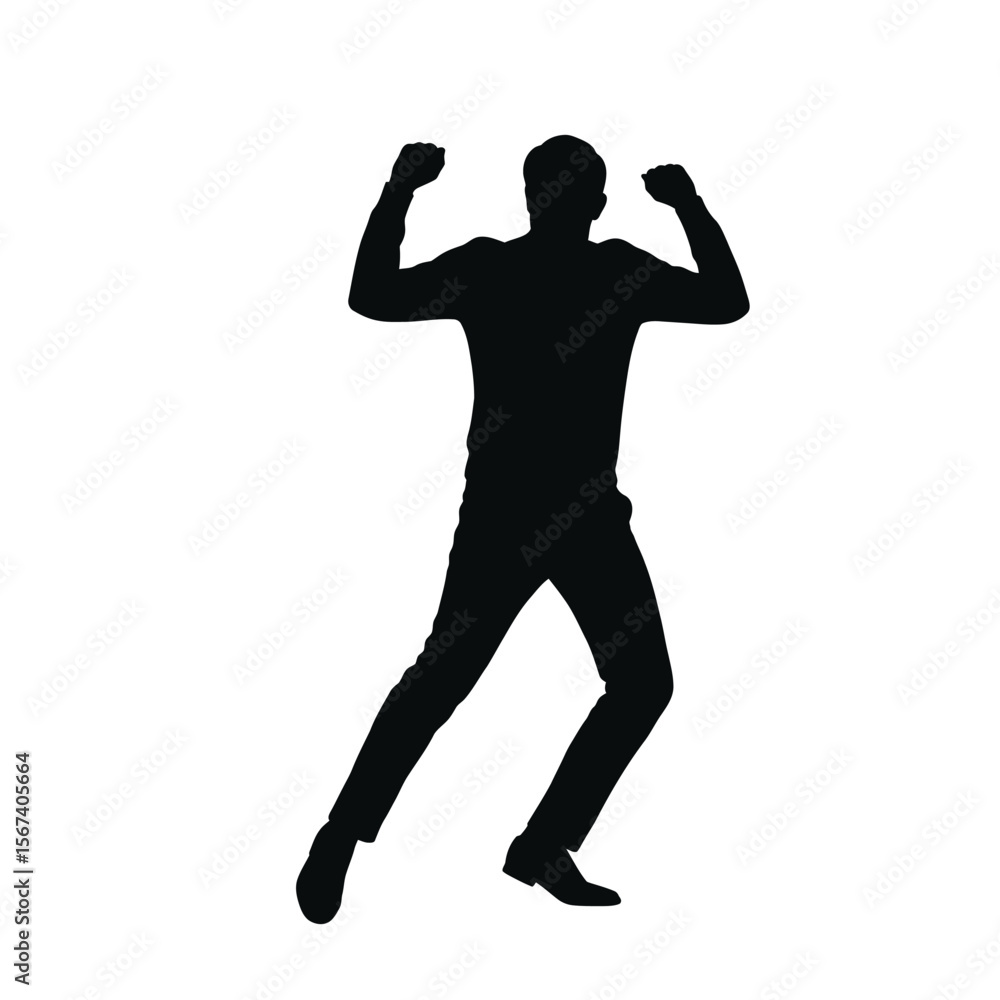 Black silhouette of a man dancing with fists raised Black silhouette of a man dancing with fists raised