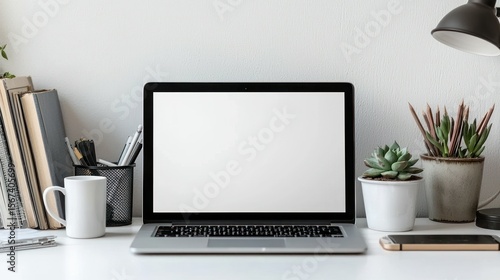 Wallpaper Mural Laptop on desk, blank screen, books, plants, mug, bright Torontodigital.ca