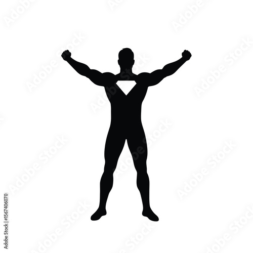 Black silhouette of a man in superhero pose with diamond emblem