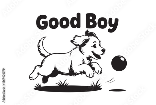Happy puppy dog running and playing with a ball isolated on white background