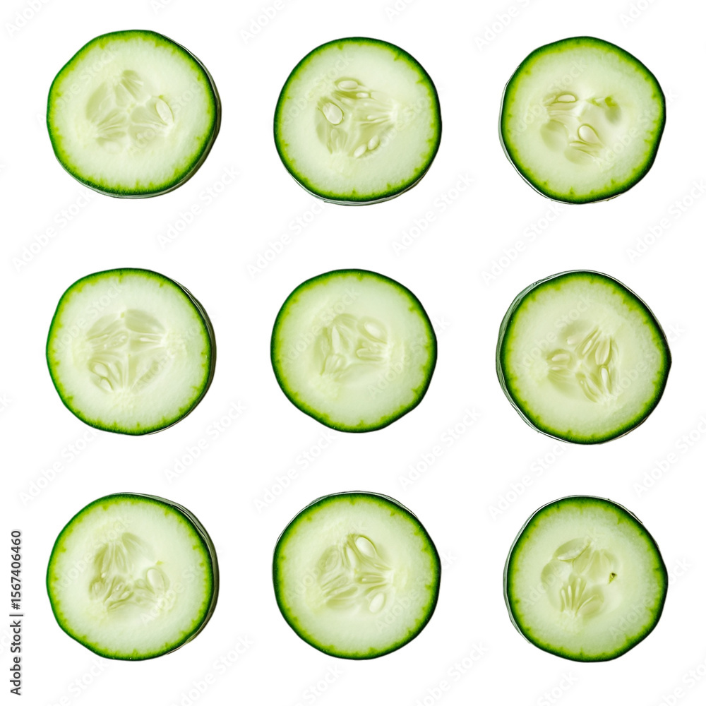 Fresh cucumber slices arranged on a transparent background, showcasing their vibrant green rind and pale flesh for a healthy food concept. Fresh cucumber slices arranged on a transparent background, showcasing their vibrant green rind and pale flesh for a healthy food concept.