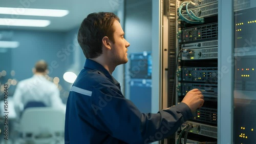 Technican working on server rack data center it support