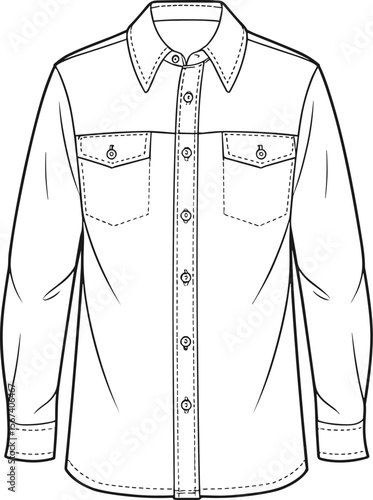 Flat Vector CAD Technical Drawing of Classic Long Sleeve Button Down Shirt with Front Pockets and Collar, Fashion Design Sketch Template