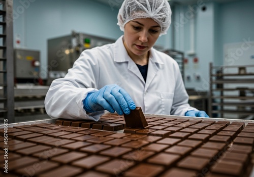 A food production worker is handling chocolate pieces on a tray in a factory setting, likely as part of the manufacturing process.