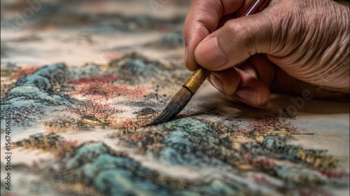 Artist paints landscape, close-up hand, studio, Asian art