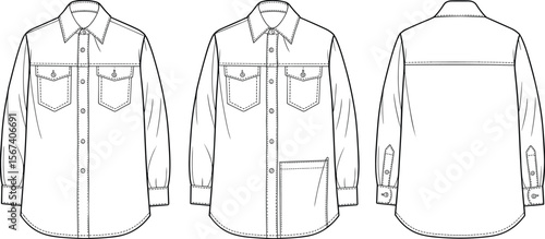 Flat Vector CAD Technical Drawing of Long Sleeve Utility Shirt with Front Pockets and Cuffs, Detailed Fashion Design Sketch Template
