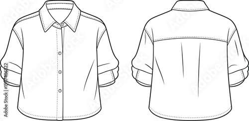 Flat Vector CAD Technical Drawing of Long Sleeve Button Down Shirt with Rolled Sleeves, Classic Collar, Fashion Design Sketch Template