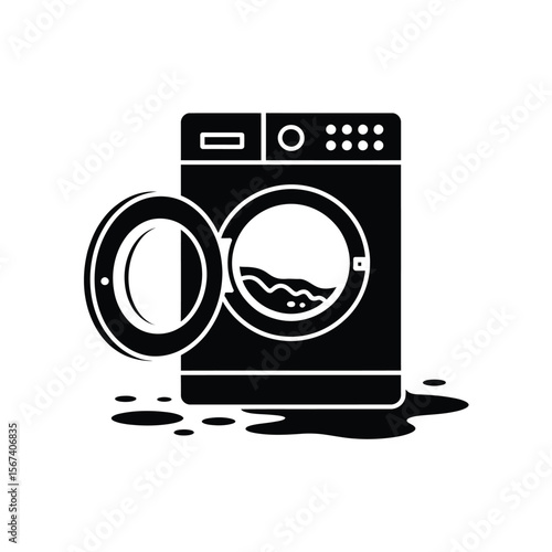 Washing machine with open door and water leaking onto floor