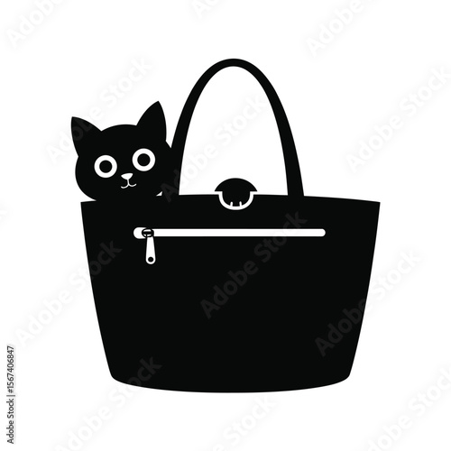 Cute black cat peeking out of a black tote bag with a zipper