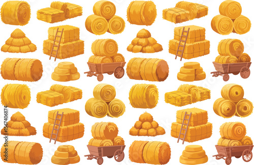 collection of various hay bales and stacks isolated on transparent background
