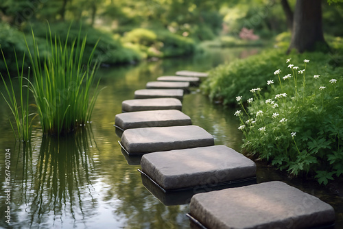 Fototapeta Naklejka Na Ścianę i Meble -  Stone Path Across Water in a Japanese Garden with Greenery and Flowers