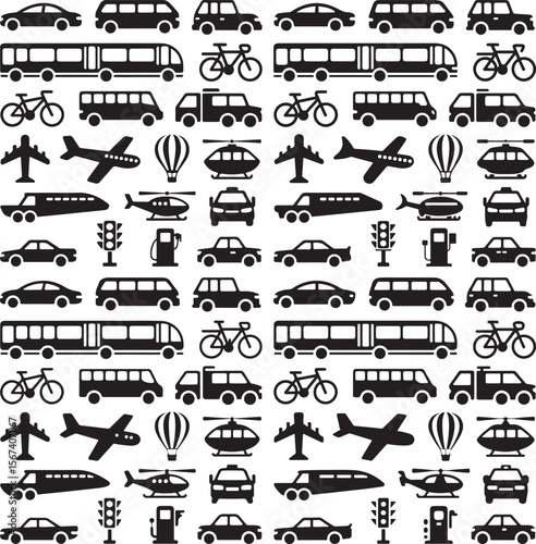 collection of various transportation vehicles and elements silhouette isolated on transparent background