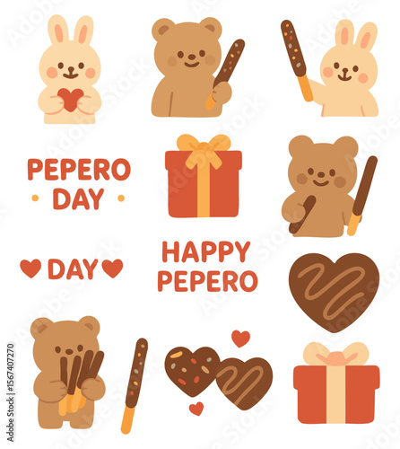 빼빼로데이 귀여운 캐릭터와 초콜릿 일러스트 세트