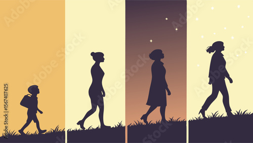 woman life stages walking aging process art