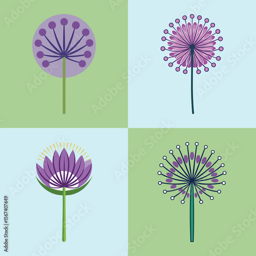 Allium Flower Flat Illustration in Simple Minimalist Flat Style
