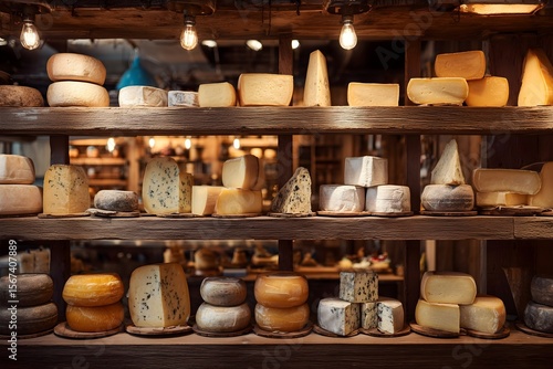 Wallpaper Mural Assorted cheeses displayed on rustic wooden shelves with wedges and wheels for customers
 Torontodigital.ca