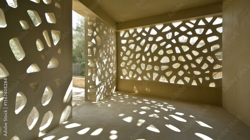 Obraz premium Interior architectural scene with sunlit, patterned walls
