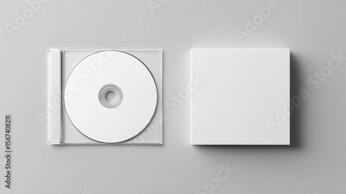 Blank cd in jewel case next to white box on grey background - mockup for branding