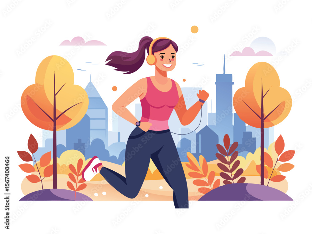 Fit young woman with headphones running in a park with city skyline and autumn trees isolated on white background
