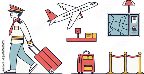 airport travel icon set with pilot and airplane