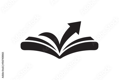 Open book with upward arrow symbolizing growth and learning isolated on white background