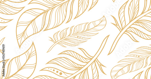 Elegant hand-drawn feather pattern with golden lines on white background, ideal for luxury packaging,  wallpaper, wedding textile prints, and refined natural-themed projects.