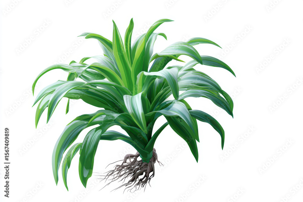 Vibrant green plant with striped leaves and exposed root system on white background Vibrant green plant with striped leaves and exposed root system on white background