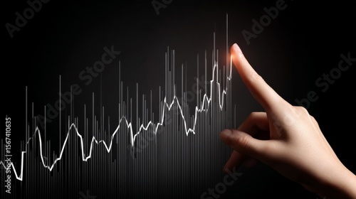 Hand interacting with a glowing white line graph on a black background, showcasing modern technology, digital interface, and data analysis with dynamic fluctuations.