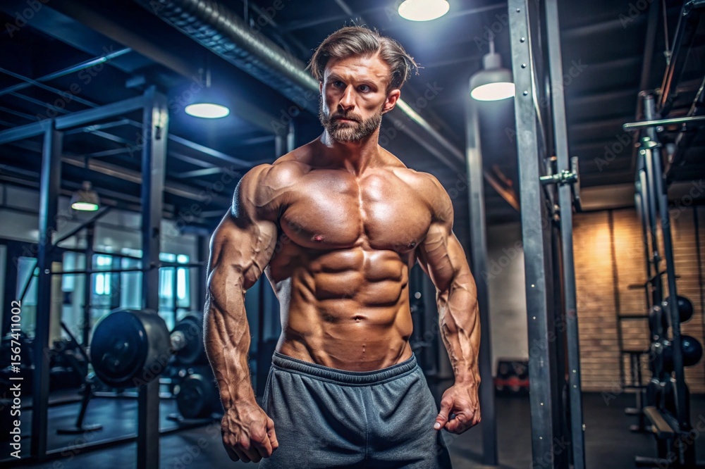 A man with a muscular body is standing in a gym A man with a muscular body is standing in a gym