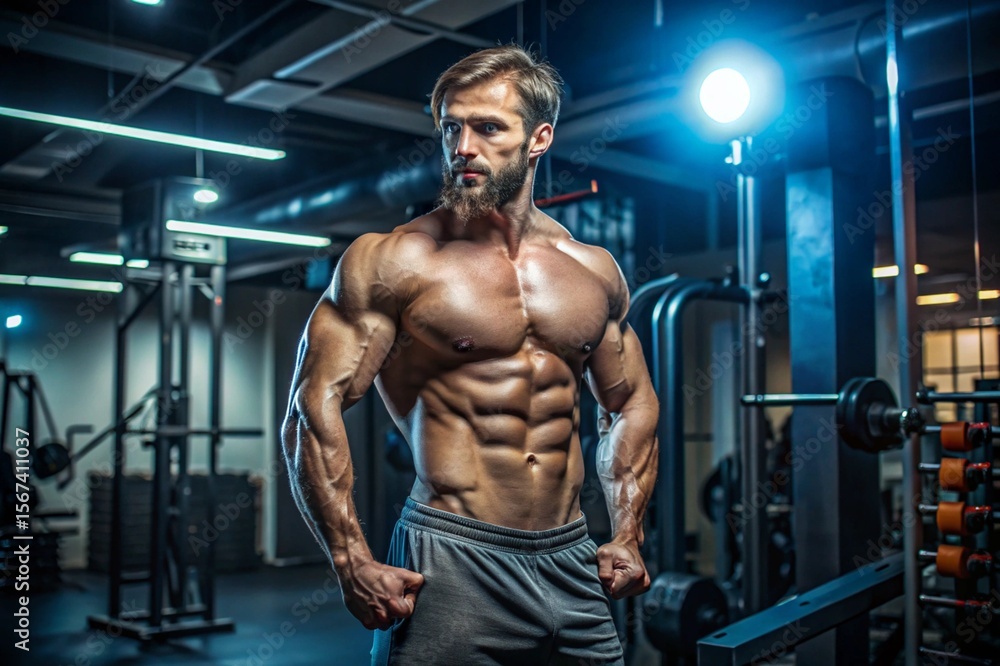 A man with a muscular body is standing in a gym A man with a muscular body is standing in a gym