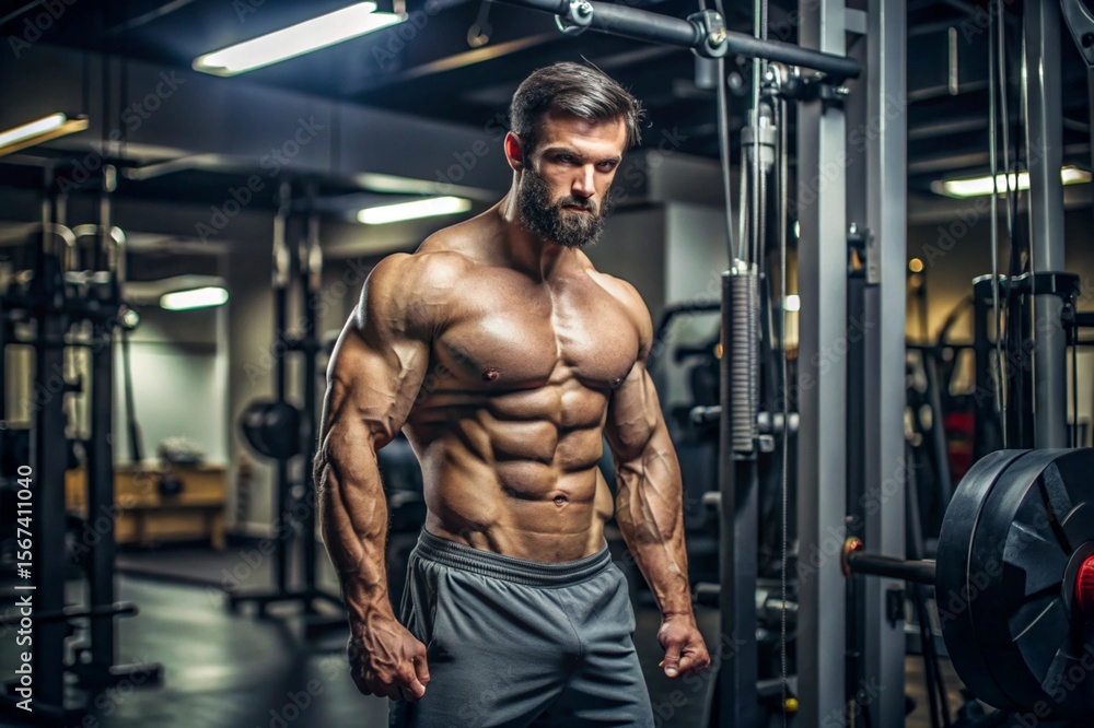 A man with a muscular body is standing in a gym A man with a muscular body is standing in a gym