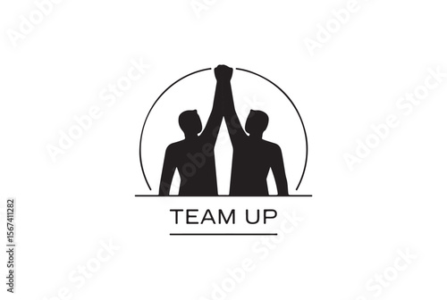 Two people raising their hands together in a circle logo isolated on white background